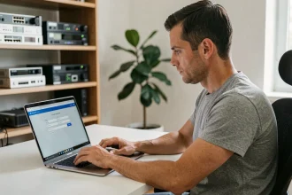 Technicien informatique accédant à l'interface d'administration de son routeur via un navigateur web sur un ordinateur portable