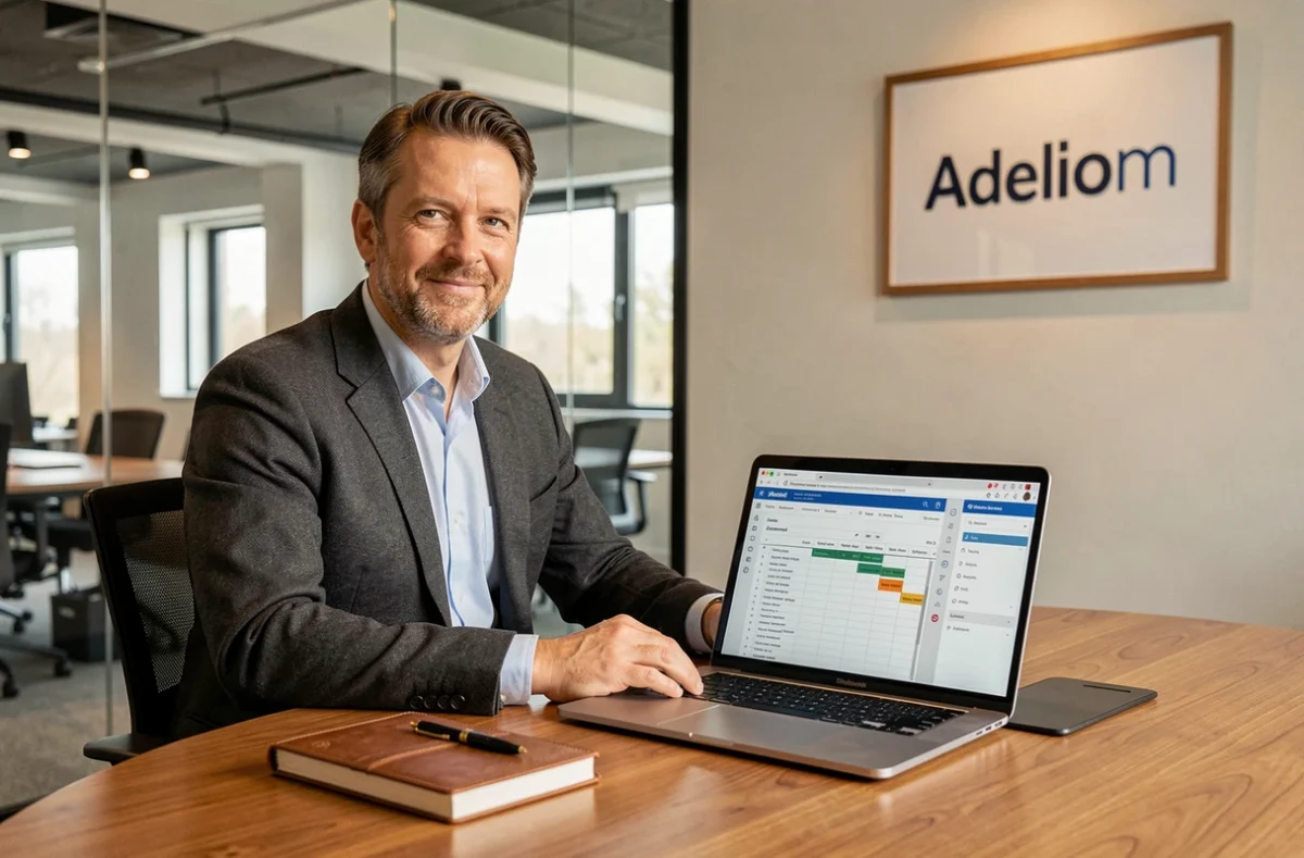 Consultant senior d'Adeliom en réunion stratégique dans une salle de conférence d'agence digitale élégante