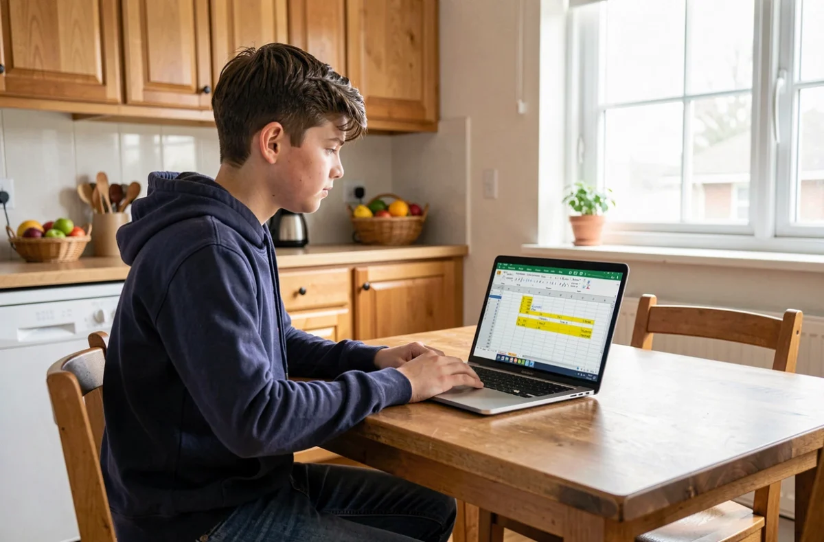 Adolescent de moins de 18 ans utilisant Excel pour un calcul d'âge conditionnel sur un ordinateur portable à la maison