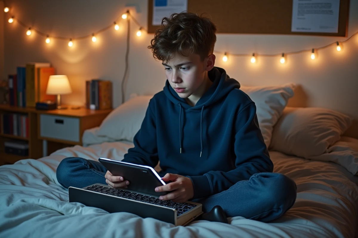 Adolescent utilisant un clavier sans fil sur un lit dans une chambre d'étudiant pour saisir des majuscules sans touche Maj