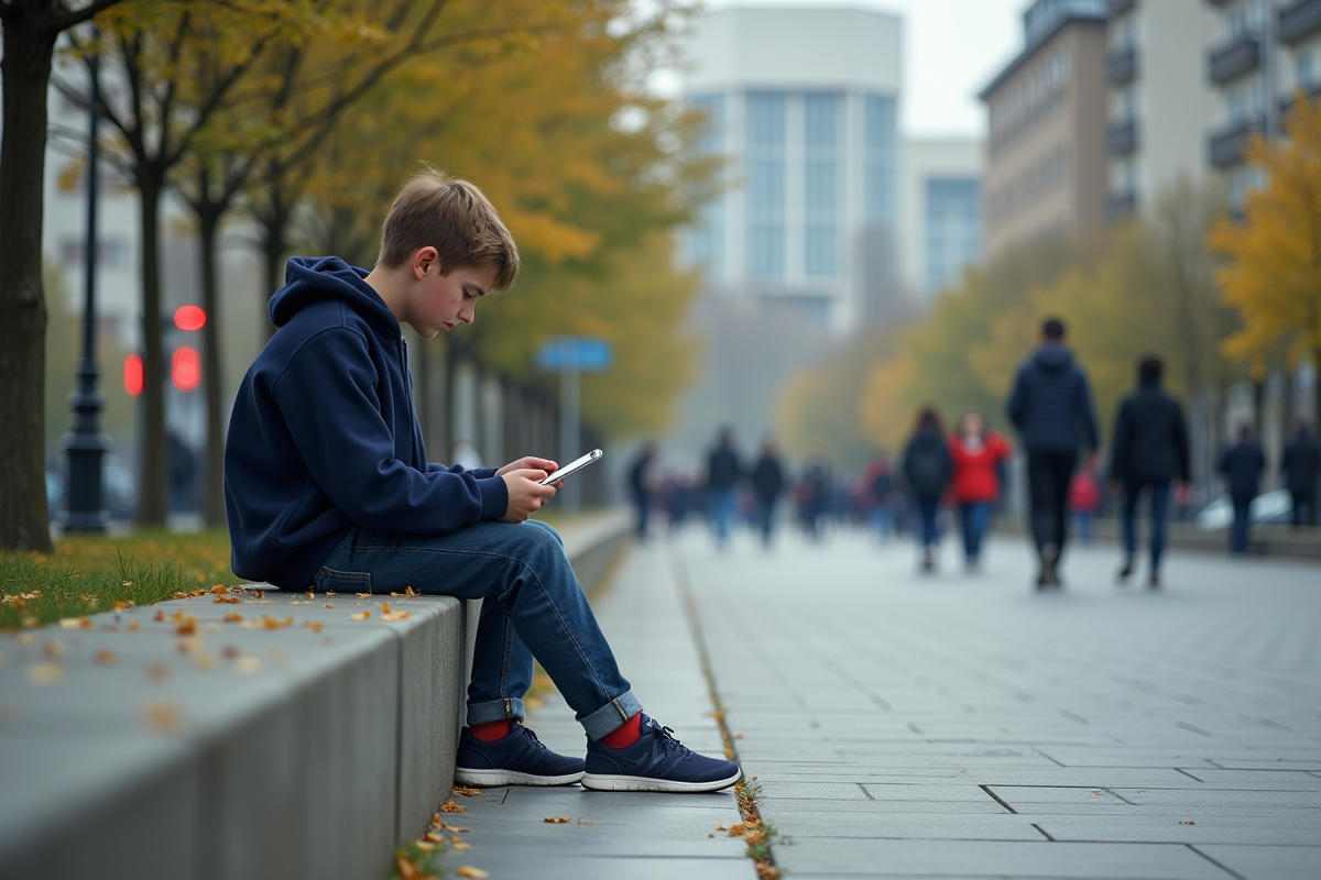 Adolescent seul sur un banc dans un parc urbain