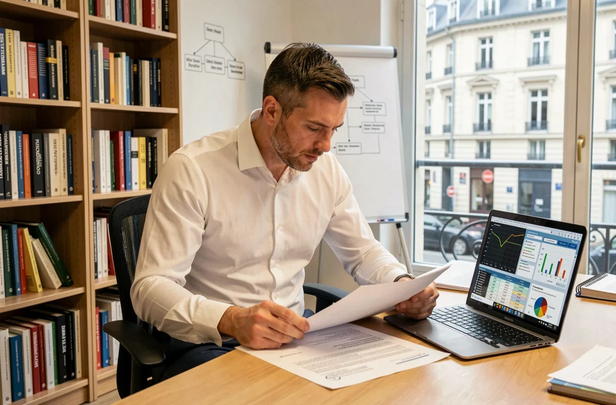 Auditeur en sécurité des systèmes d'information d'Almond analysant un rapport d'audit SSI dans un bureau de conseil parisien