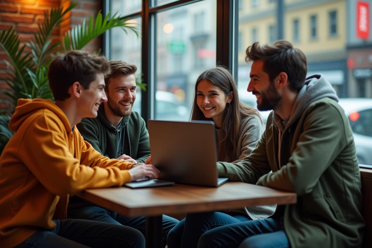 Groupe d amis discutant autour d un ordinateur portable en café