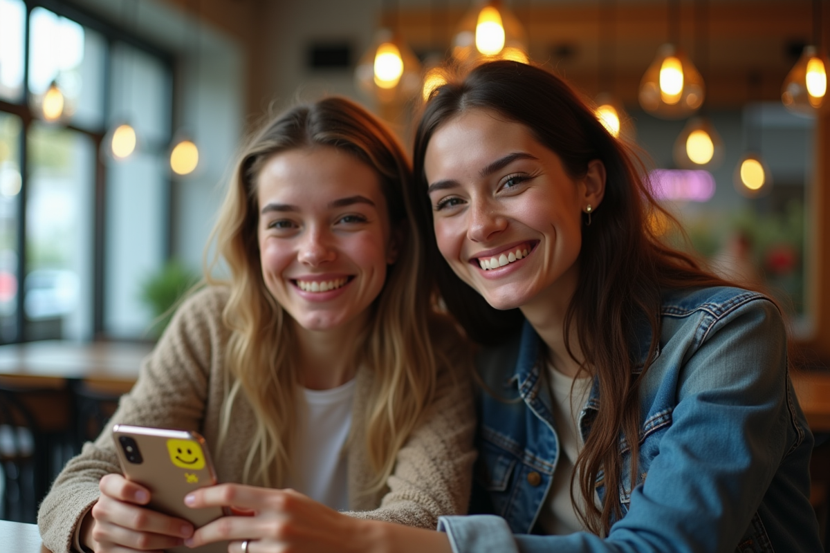 Deux amis souriants avec téléphone affichant Snapchat et cœur jaune