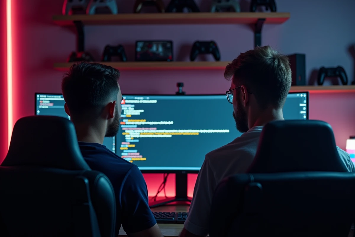 Deux amis gamers regardant ensemble un écran Discord avec des exemples de mise en forme en italique visibles dans le chat