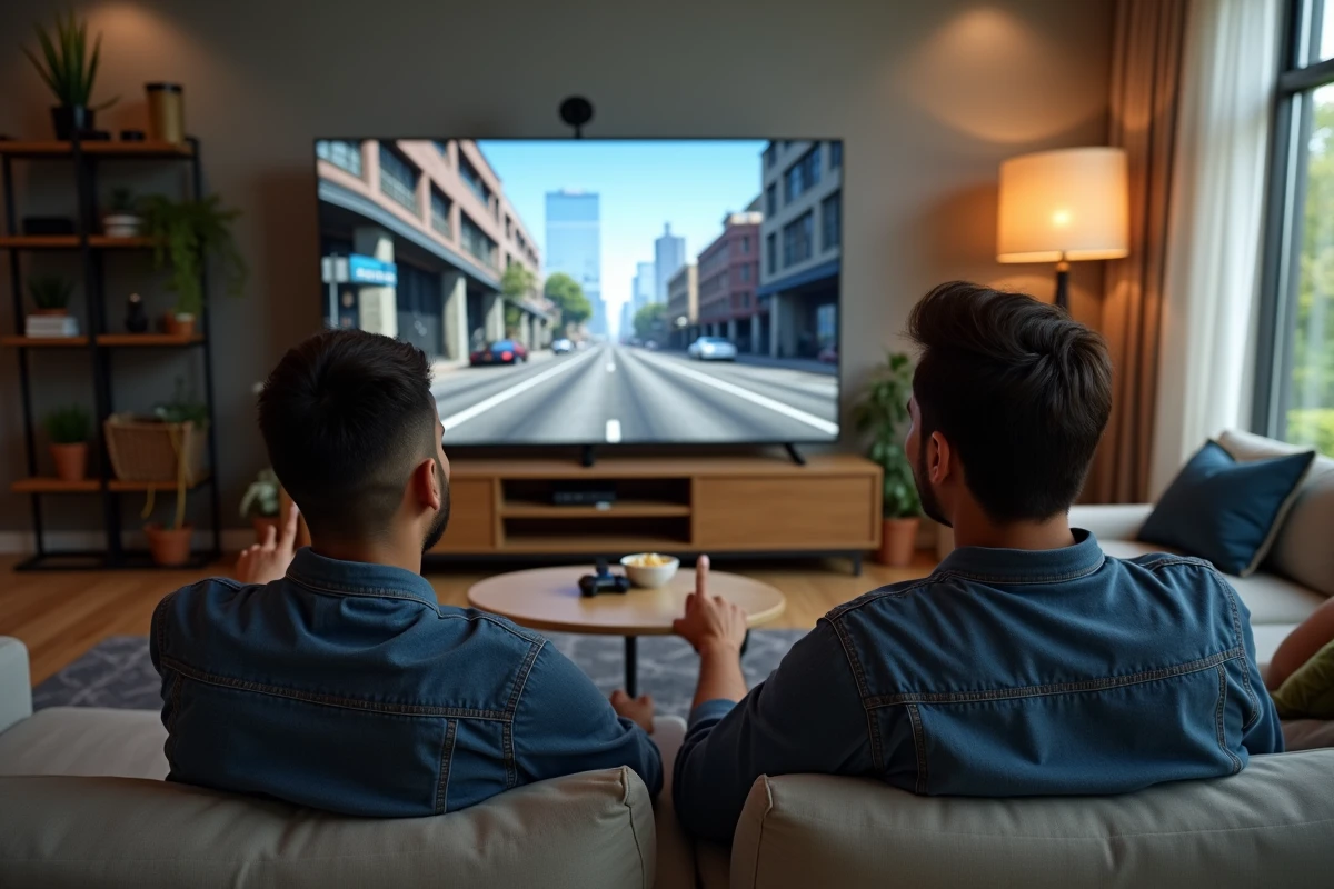 Deux amis jouant à GTA V modifié sur grand écran dans un salon moderne avec des graphismes photoréalistes