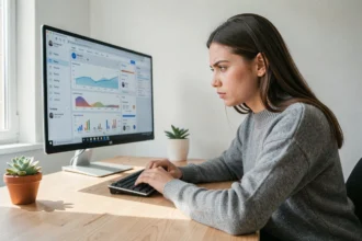 Jeune femme analysant un compte Instagram via un outil web sur un écran d'ordinateur dans un bureau moderne
