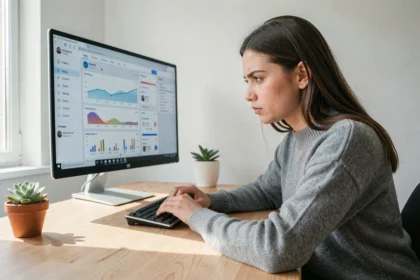Jeune femme analysant un compte Instagram via un outil web sur un écran d'ordinateur dans un bureau moderne