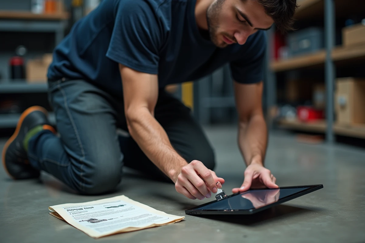 Jeune homme installant un APK sur une tablette Android via une carte microSD sans connexion internet