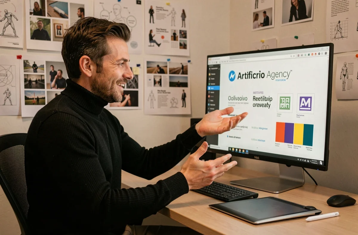 Directeur créatif d'Artificio Agency présentant une identité de marque sur écran dans un studio de design innovant