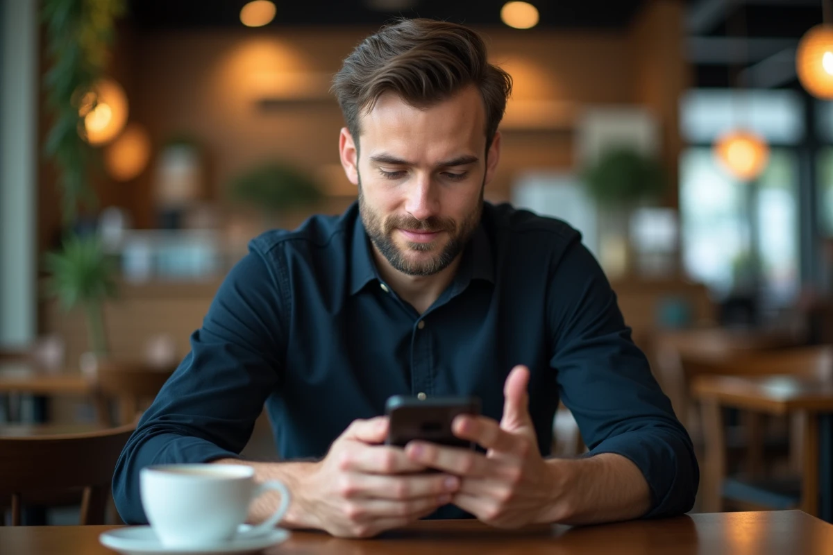 Homme utilisant WhatsApp dans un café pour mettre en valeur un message avec des astuces de formatage de texte