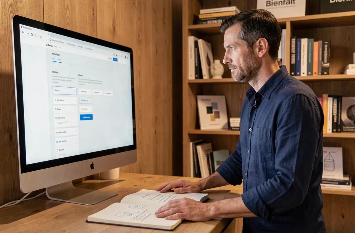 Consultant de l'agence Bienfait analysant un wireframe d'application web dans un studio digital chaleureux
