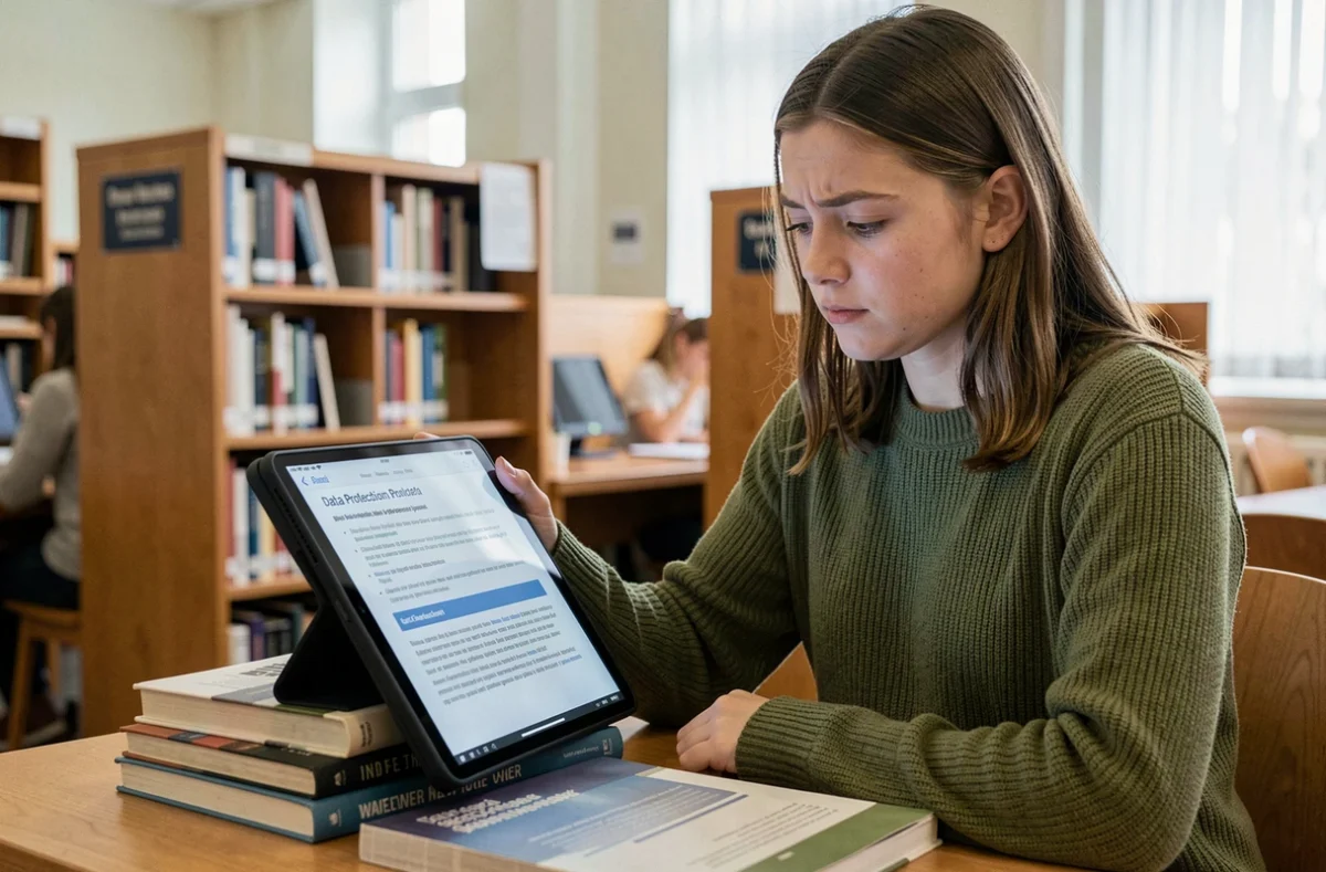 Étudiante consultant des bonnes pratiques de protection des données personnelles sur une tablette numérique en bibliothèque universitaire