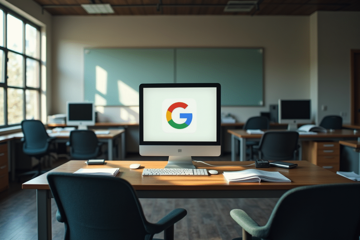 Espace de bureau abandonné avec écran affichant le logo Google Plus
