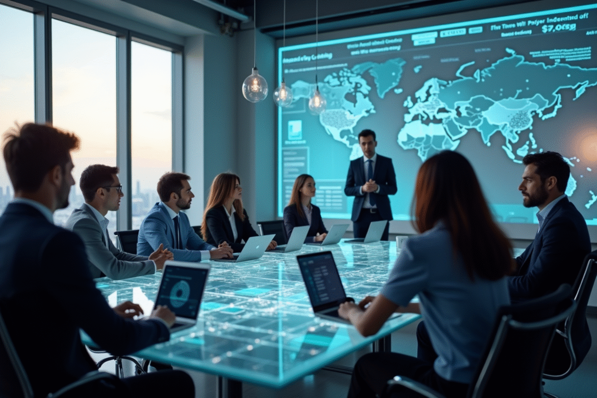 Intérieur moderne de bureau avec professionnels analysant des données numériques