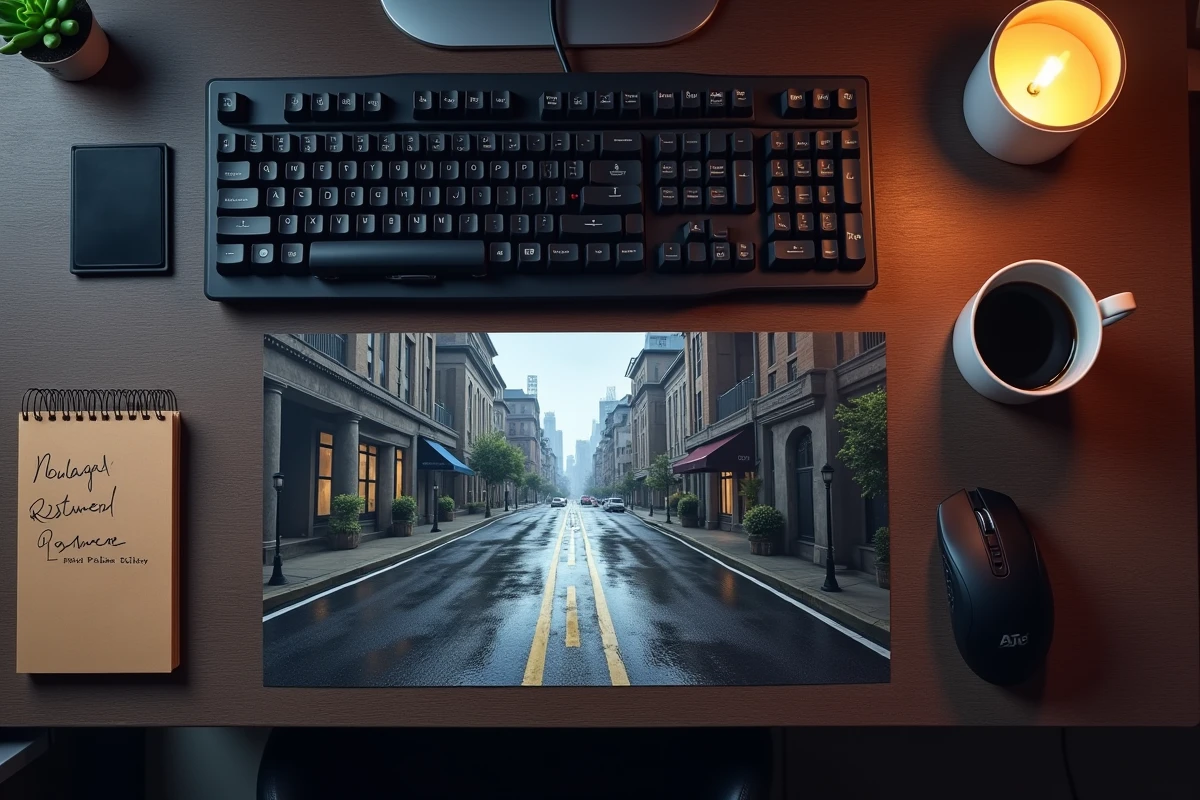 Vue aérienne d'un bureau gaming avec des notes sur les mods GTA V et une capture d'écran réaliste du jeu modifié