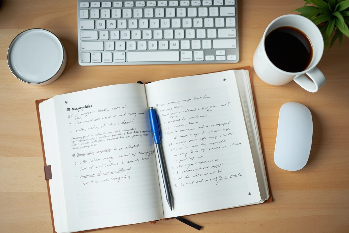Bureau avec clavier, document imprimé et notes manuscrites sur la mise en forme Word et les sauts de section