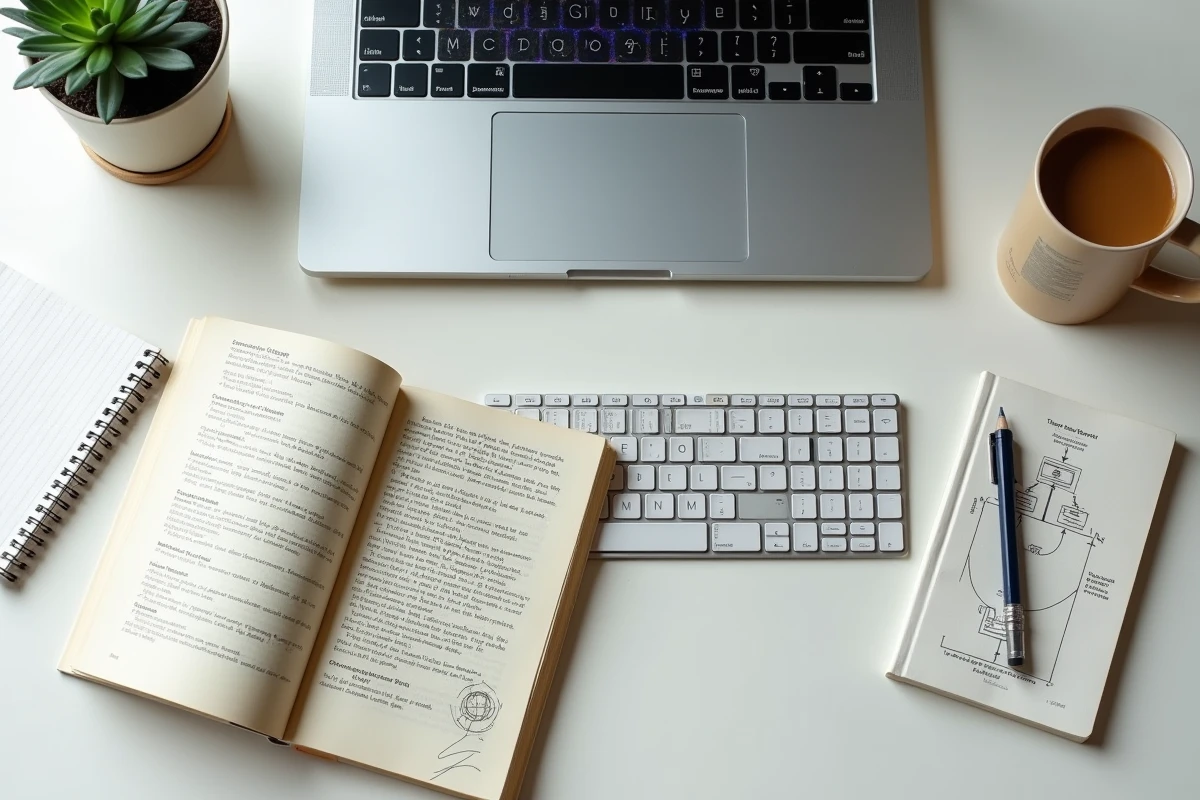 Vue aérienne d'un bureau de power user avec terminal bash, livre de scripting et notes manuscrites sur les commandes popd