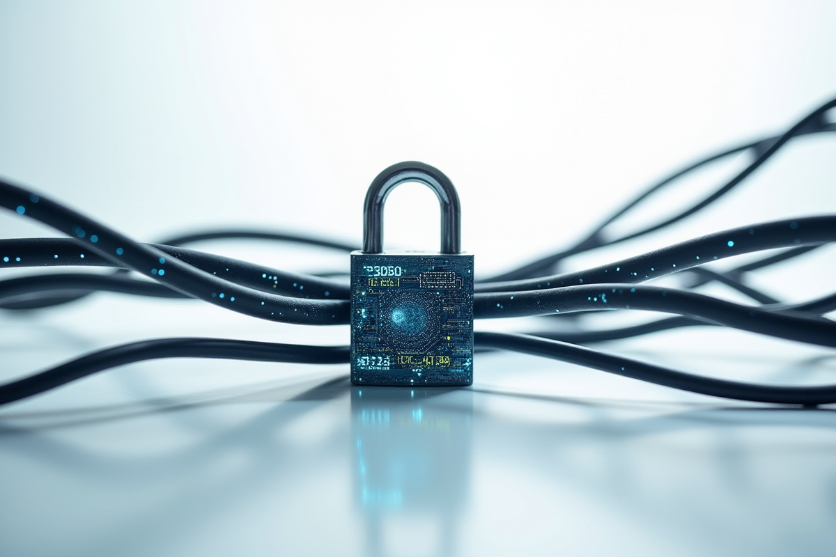 Cadenas numérique entouré de câbles de réseau et de fuites de données