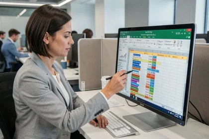 Femme adulte travaillant sur une feuille de calcul Excel avec des formules de calcul d'âge dans un bureau moderne