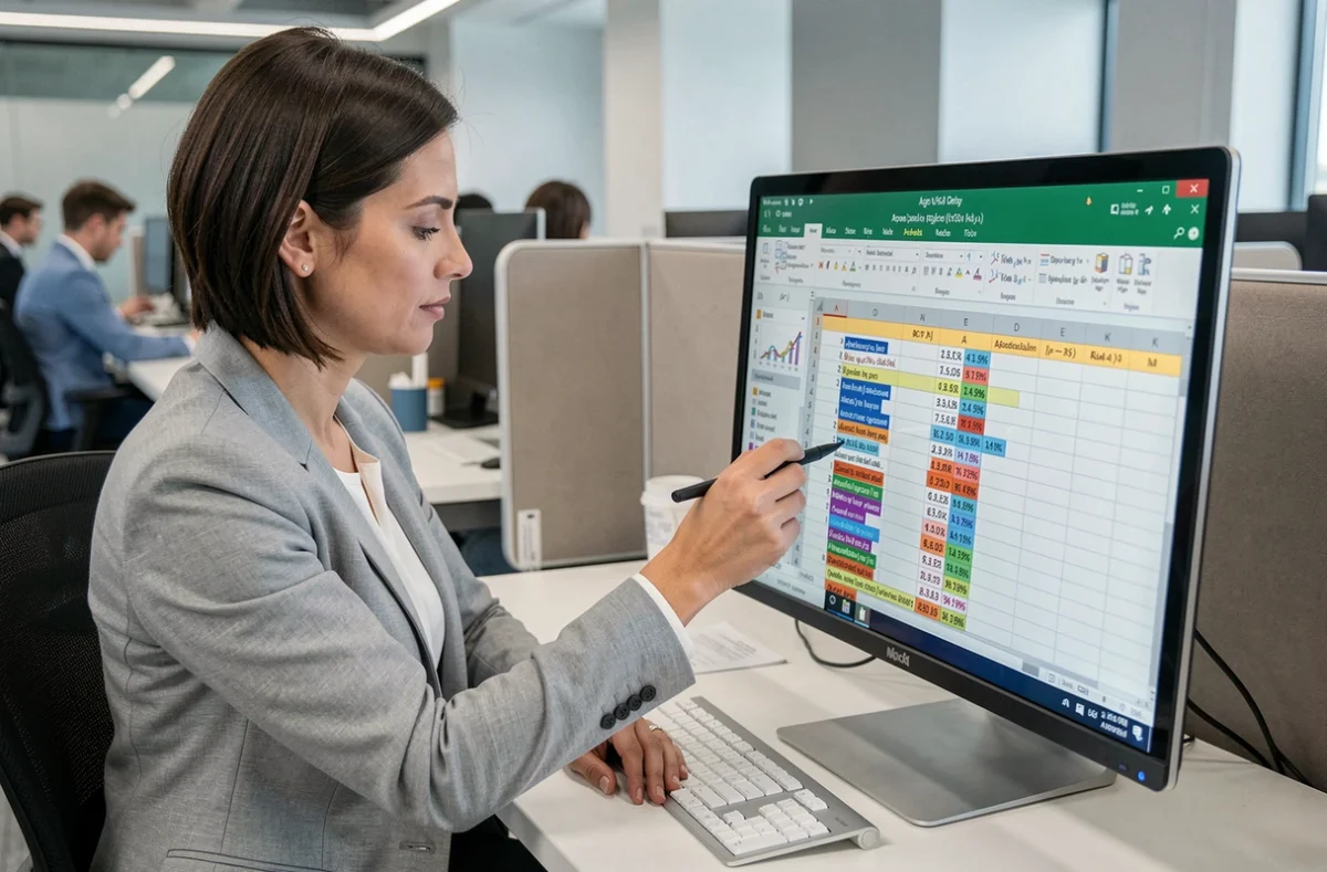 Femme adulte travaillant sur une feuille de calcul Excel avec des formules de calcul d'âge dans un bureau moderne