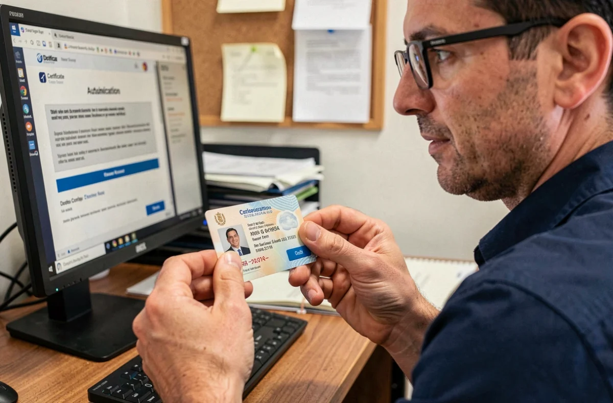 Fonctionnaire utilisant un certificat numérique et une carte d'identité pour s'authentifier sur une interface sécurisée