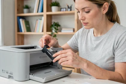 Femme changeant une cartouche d'encre Canon sur un bureau blanc à domicile, geste précis et cartouche bien visible