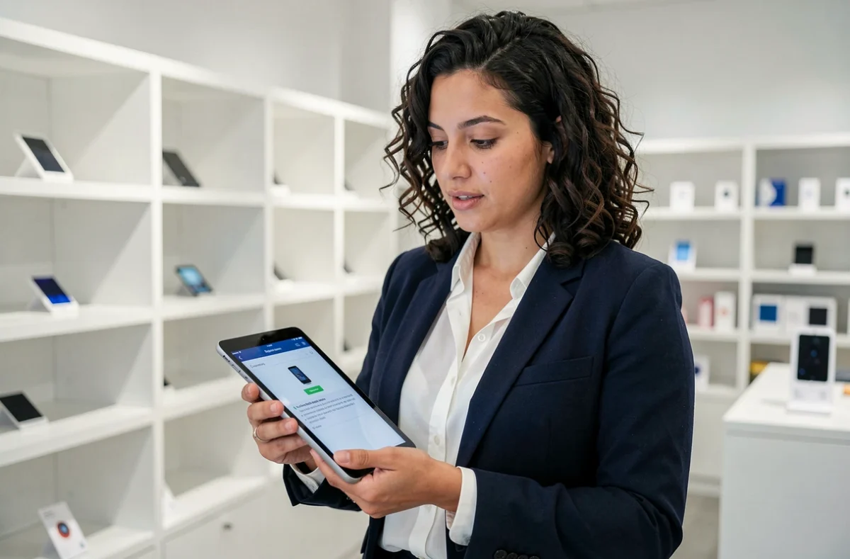 Conseillère Bouygues Telecom en boutique expliquant la procédure de résolution du code erreur S1 sur une tablette