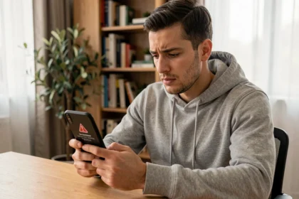Homme tenant un smartphone affichant un code erreur S1 Bouygues Telecom, assis à un bureau à domicile avec une expression concentrée