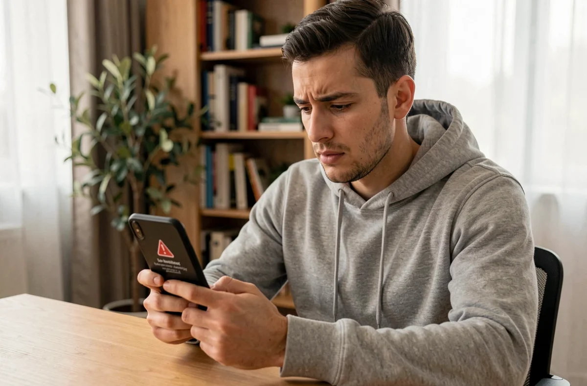 Homme tenant un smartphone affichant un code erreur S1 Bouygues Telecom, assis à un bureau à domicile avec une expression concentrée