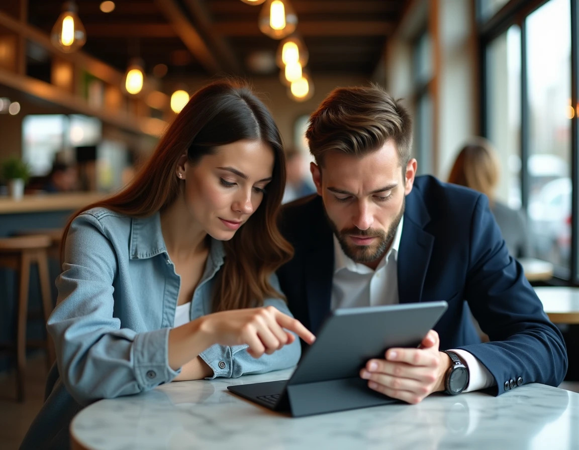 Deux entrepreneurs discutant d'une stratégie assistée par IA sur une tablette dans un café urbain