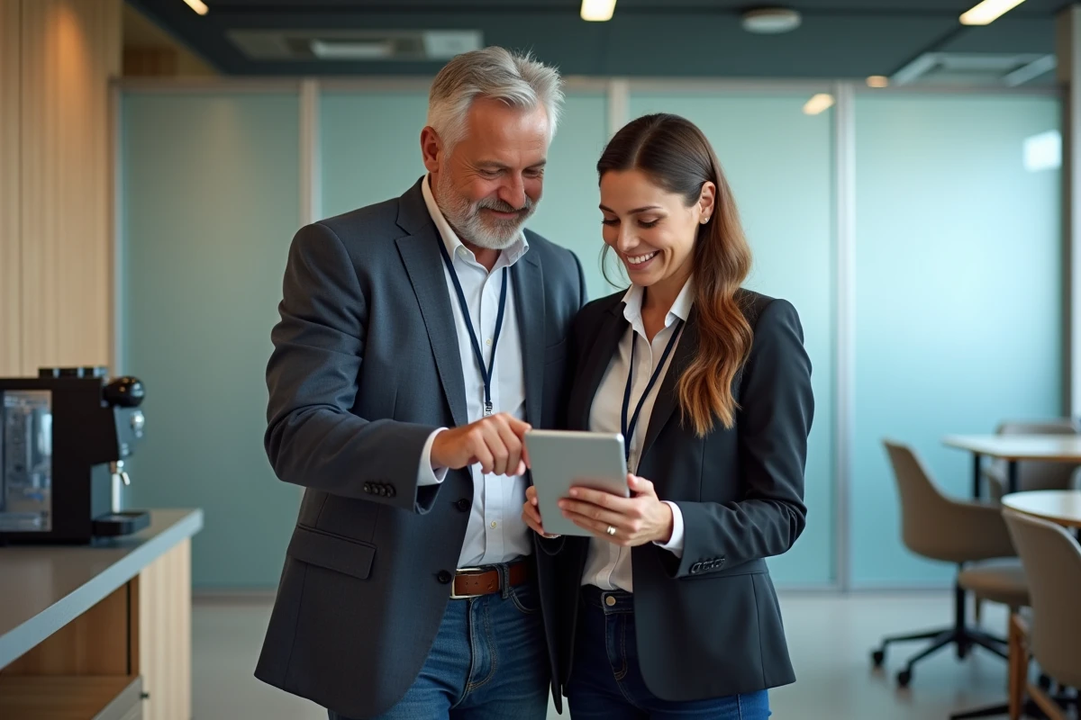 Deux collègues EDF consultant ensemble les étapes de connexion au webmail professionnel sur une tablette