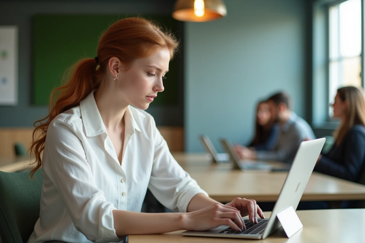 Jeune femme comparant son activité Google sur tablette et ordinateur dans un espace de coworking