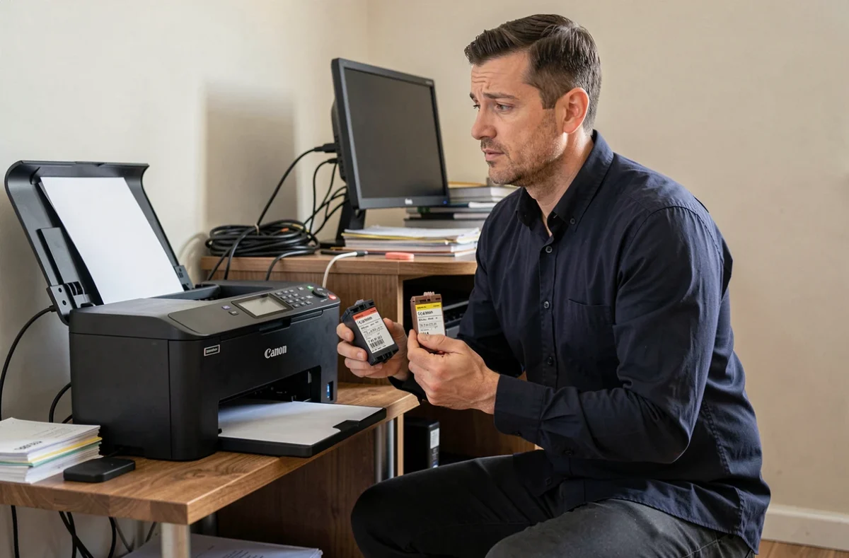 Homme comparant deux cartouches d'encre Canon devant une imprimante ouverte dans un coin bureau