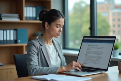 Femme enseignante lisant les règles de confidentialité sur un webmail académique dans un bureau universitaire