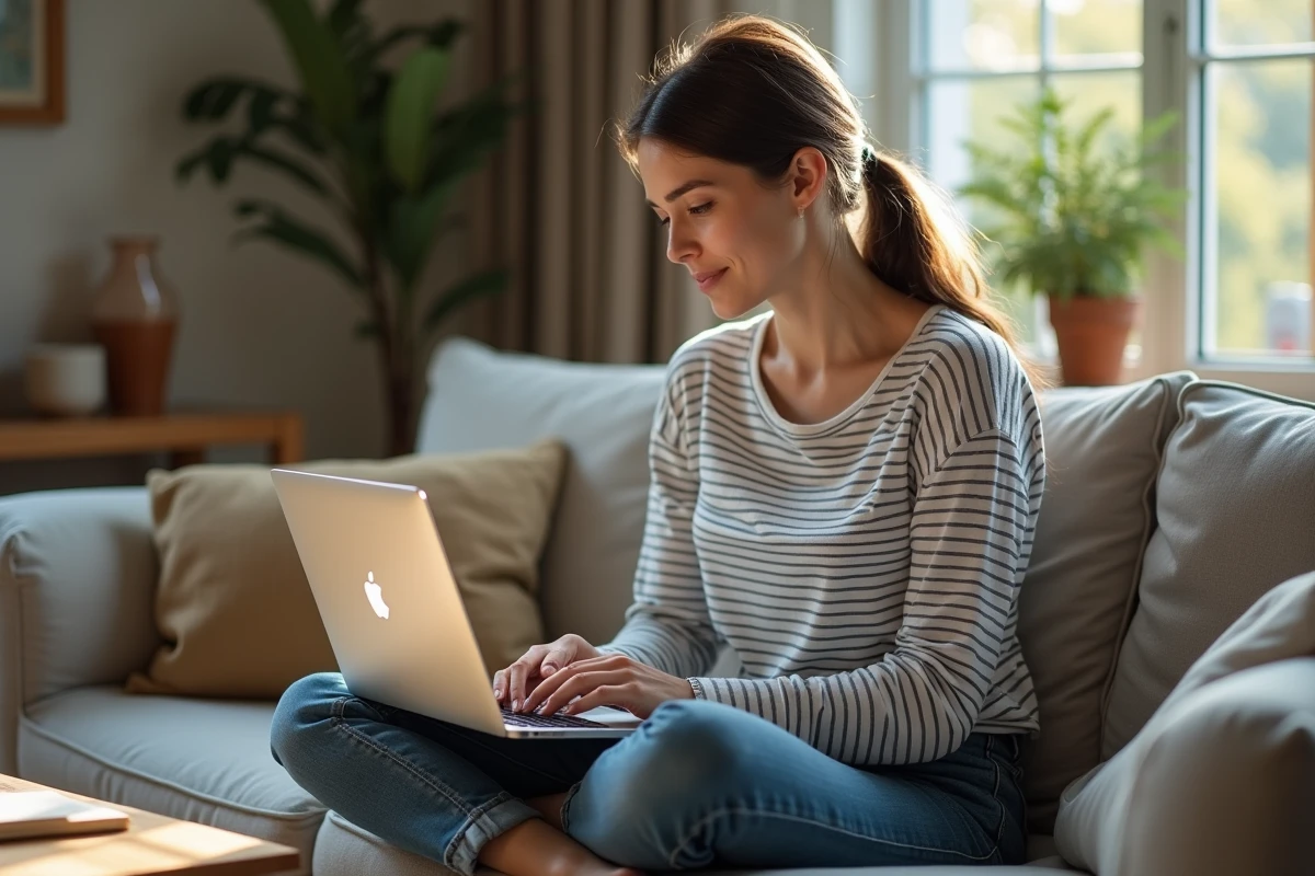 Jeune femme configurant son accès webmail Rennes sur ordinateur portable depuis son canapé
