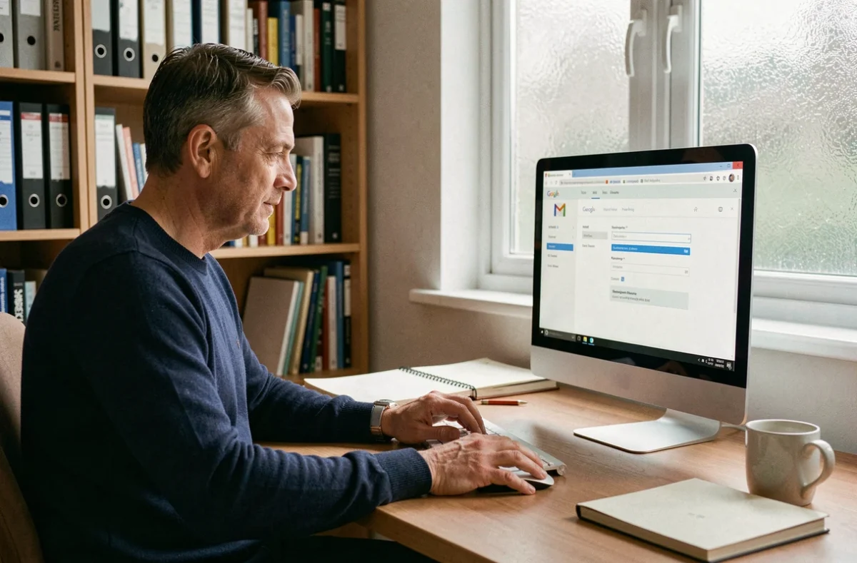 Homme configurant un compte Gmail avec les paramètres IMAP dans un bureau à domicile