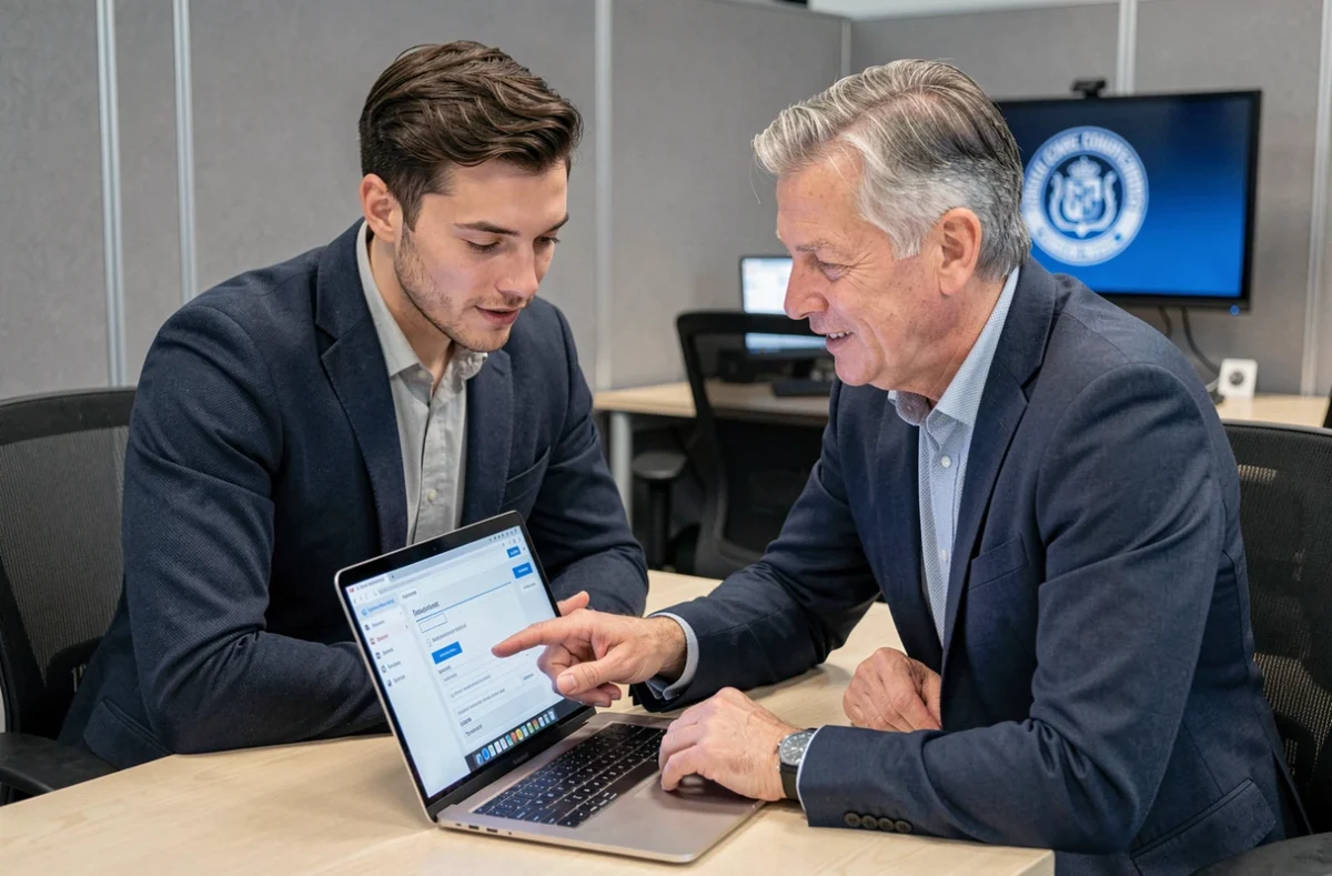 Deux collègues configurant ensemble un compte de messagerie intranet sur un ordinateur portable dans un bureau administratif