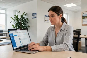 Femme configurant un compte messagerie Outlook sur un ordinateur portable dans un bureau administratif municipal