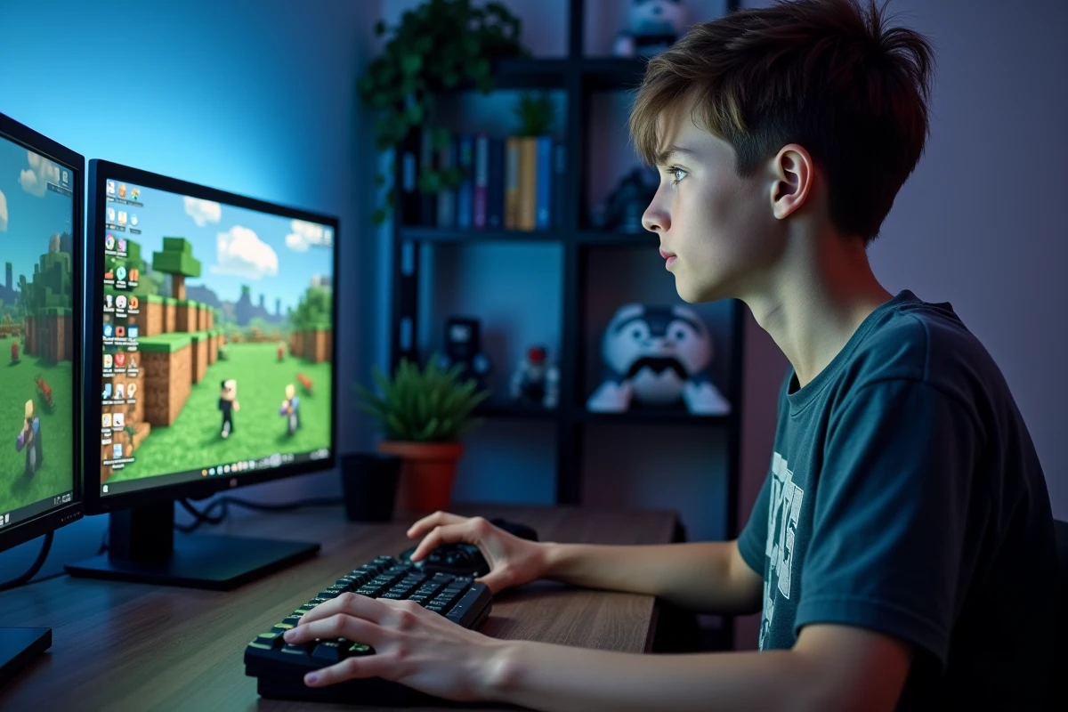 Adolescent configurant une session Minecraft en coopération locale sur un PC Windows 11 avec double écran