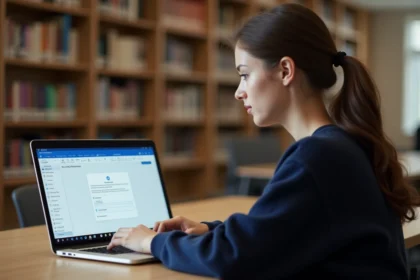 Étudiante configurant Outlook sur son ordinateur portable dans une bibliothèque universitaire