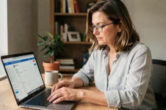 Femme configurant le renvoi d'e-mails sur une interface webmail depuis son bureau à domicile