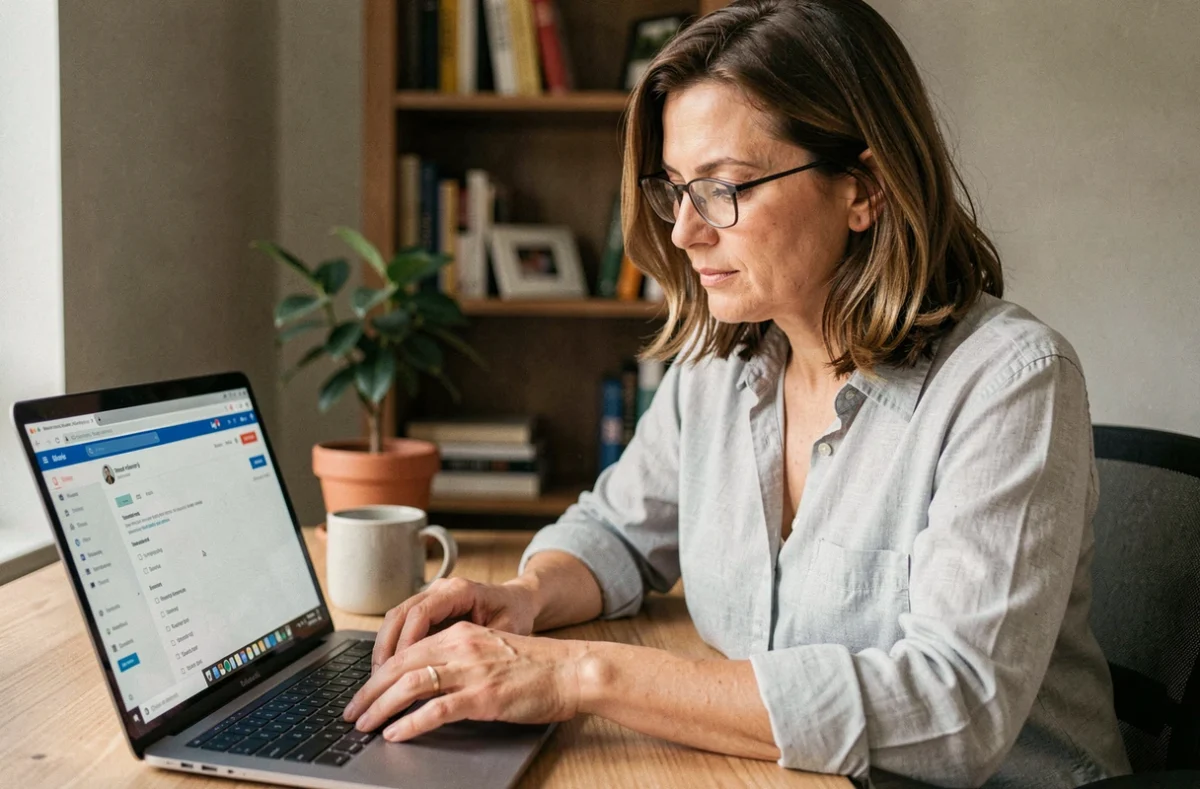 Femme configurant le renvoi d'e-mails sur une interface webmail depuis son bureau à domicile