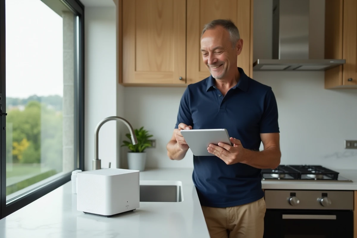 Homme configurant la box internet dans une cuisine moderne
