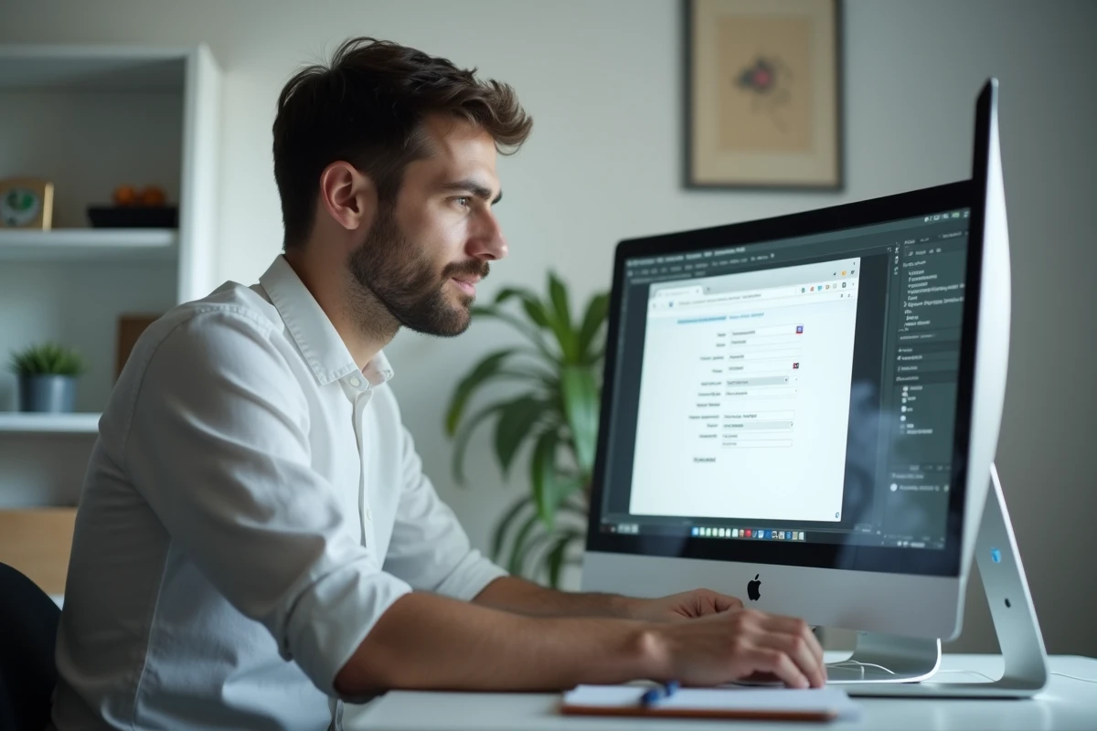 Homme configurant Thunderbird avec les paramètres IMAP dans un bureau à domicile