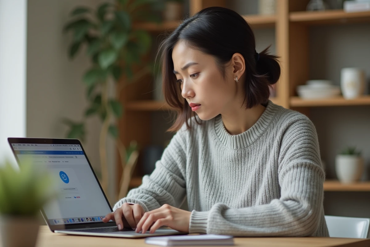 Femme connectant son webmail académique sur un ordinateur portable dans un bureau à domicile