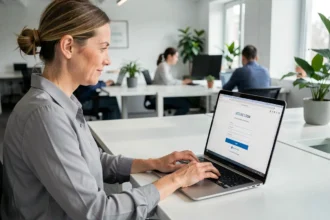 Femme connectée à un portail de messagerie sécurisé avec identifiant et mot de passe sur un ordinateur portable en open space