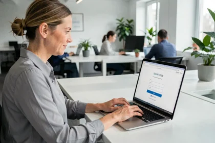 Femme connectée à un portail de messagerie sécurisé avec identifiant et mot de passe sur un ordinateur portable en open space