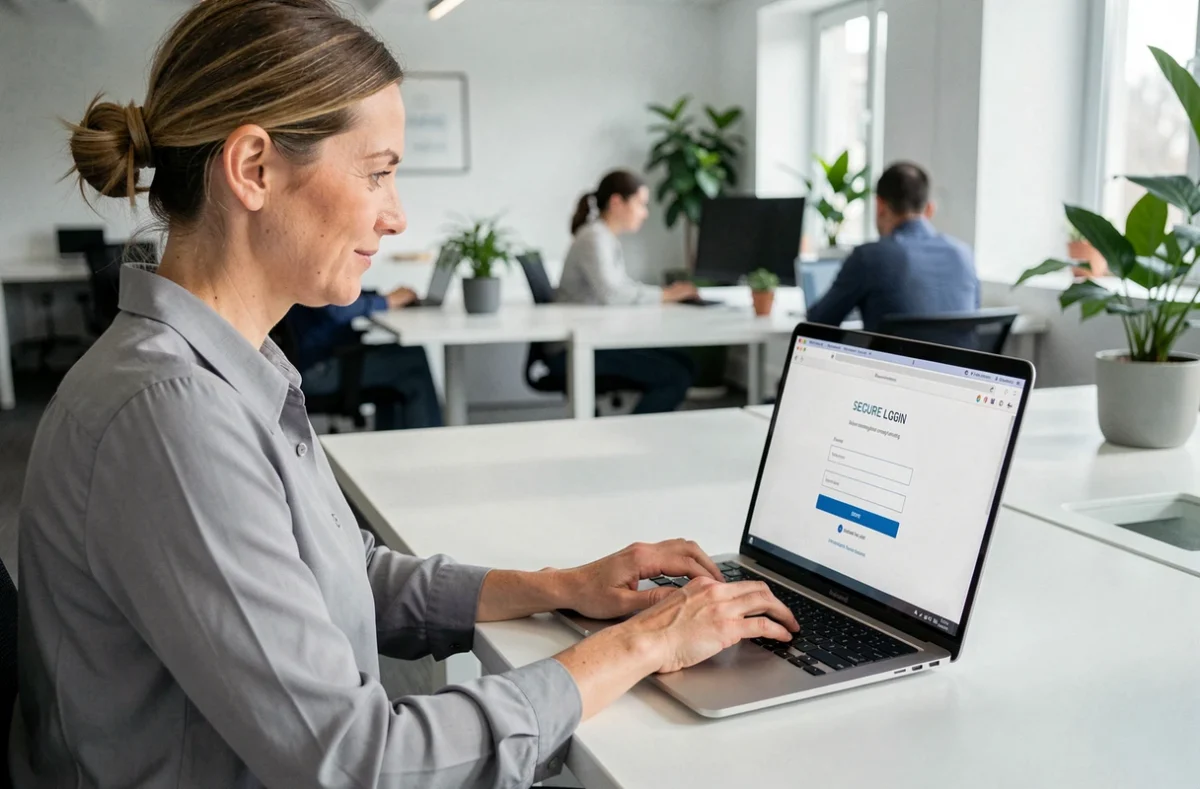 Femme connectée à un portail de messagerie sécurisé avec identifiant et mot de passe sur un ordinateur portable en open space