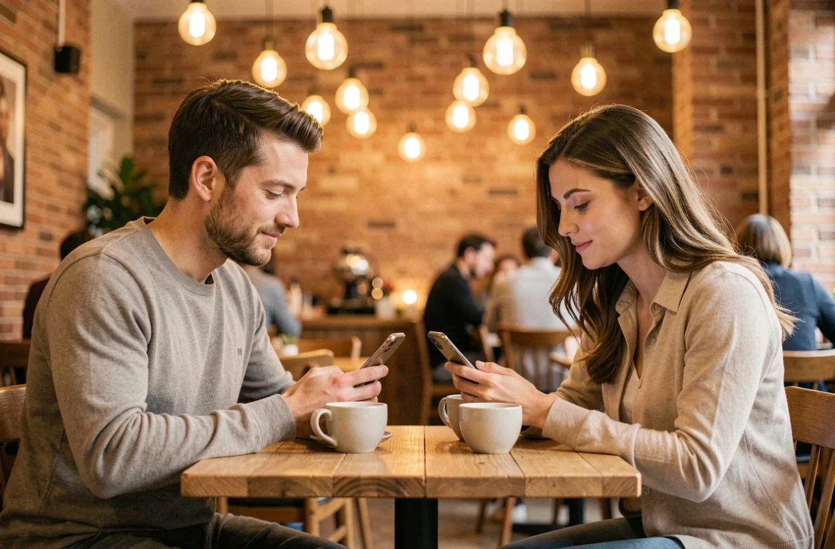 Deux adultes utilisant leurs téléphones pour des conversations privées et anonymes dans un café